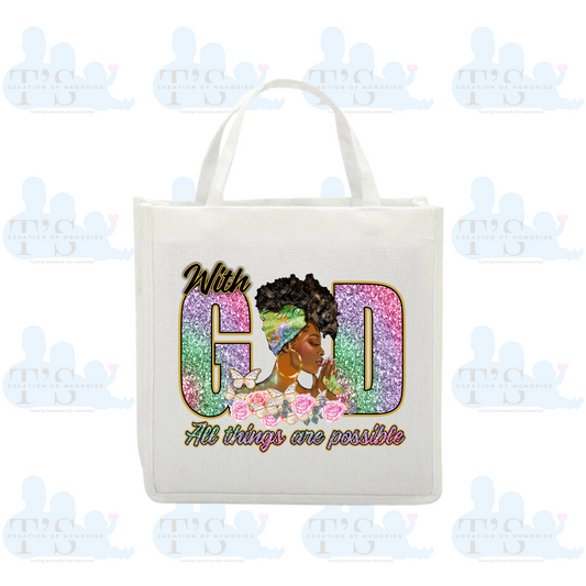 Linen Tote Bag 'With God all Things are Possible'